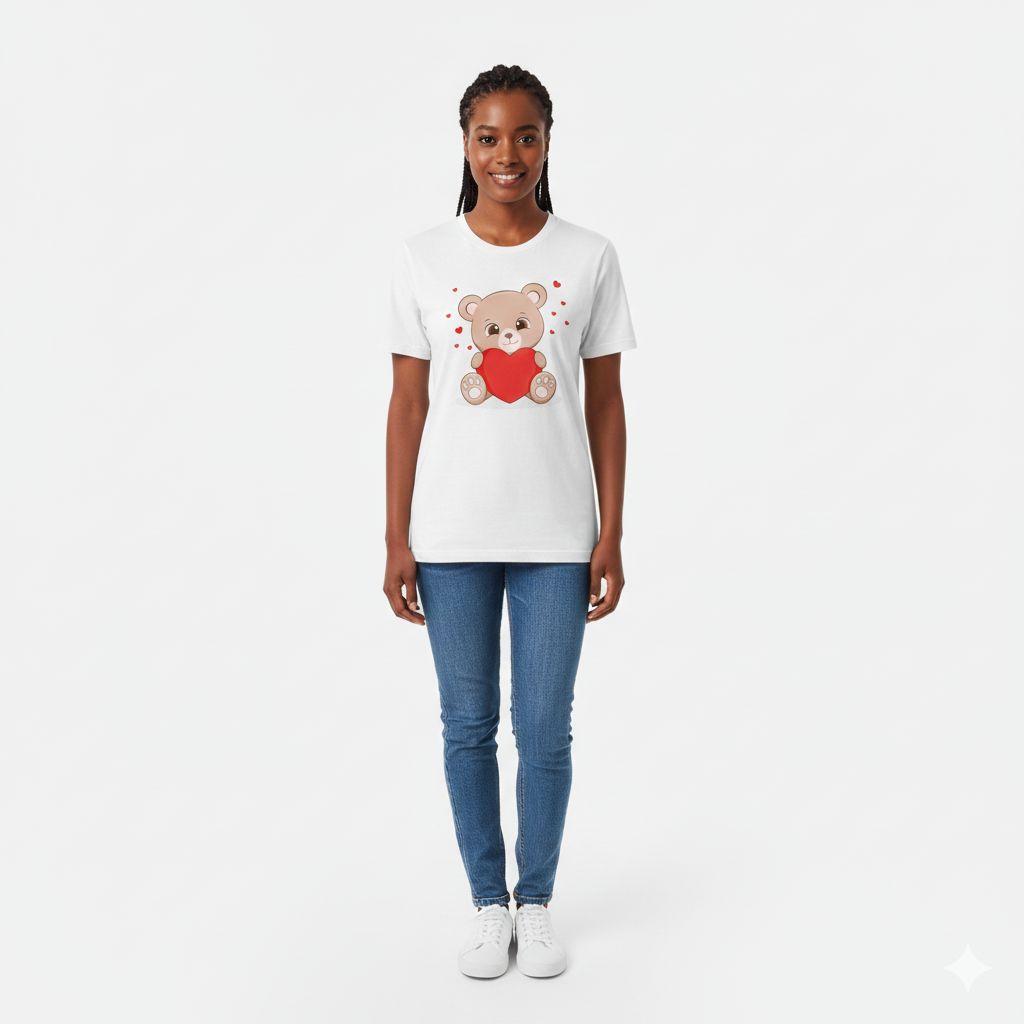 Ladies' Teddy Bear T-Shirt Cute Heart Print Women Tops 100% Cotton Round Neck Tee Birthday Gift Casual Fashion Tee