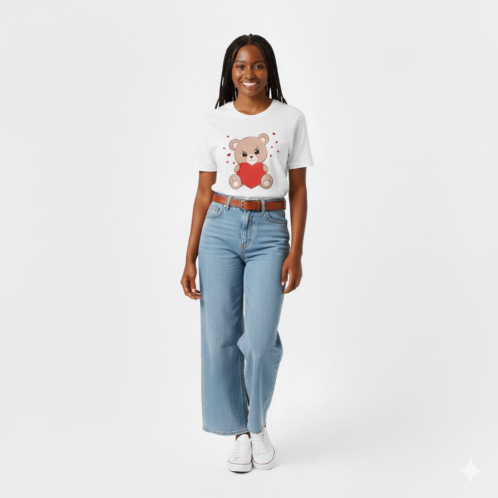 Ladies' Teddy Bear T-Shirt Cute Heart Print Women Tops 100% Cotton Round Neck Tee Birthday Gift Casual Fashion Tee