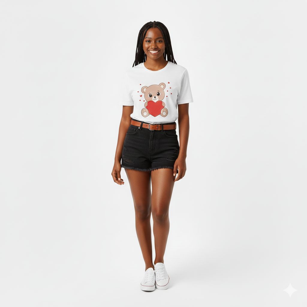 Ladies' Teddy Bear T-Shirt Cute Heart Print Women Tops 100% Cotton Round Neck Tee Birthday Gift Casual Fashion Tee