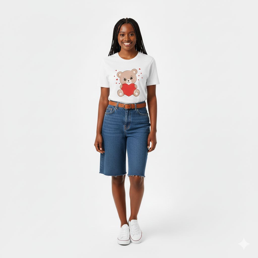 Ladies' Teddy Bear T-Shirt Cute Heart Print Women Tops 100% Cotton Round Neck Tee Birthday Gift Casual Fashion Tee