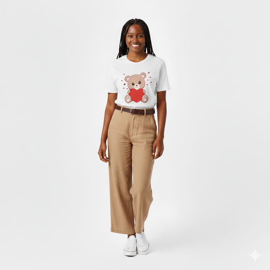 Ladies' Teddy Bear T-Shirt Cute Heart Print Women Tops 100% Cotton Round Neck Tee Birthday Gift Casual Fashion Tee