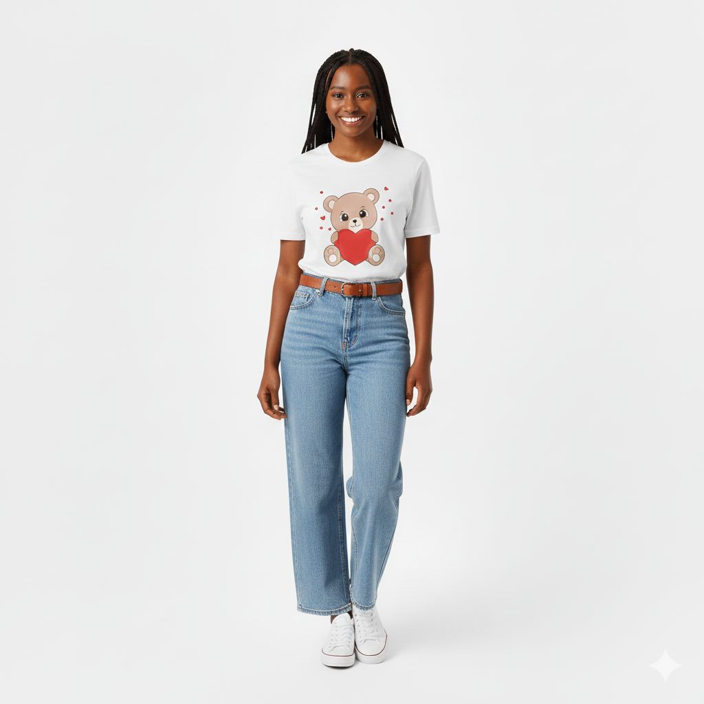 Ladies' Teddy Bear T-Shirt Cute Heart Print Women Tops 100% Cotton Round Neck Tee Birthday Gift Casual Fashion Tee