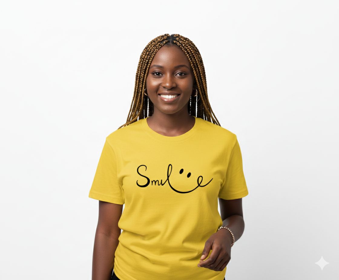 Trendy Yellow Women's T-Shirt | Round Neck Casual Top with 'Smile :)' Graphic Print