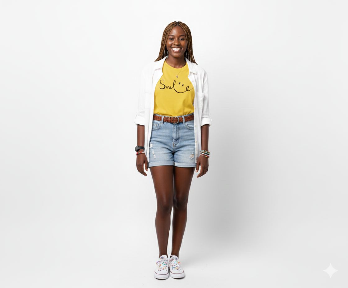 Trendy Yellow Women's T-Shirt | Round Neck Casual Top with 'Smile :)' Graphic Print