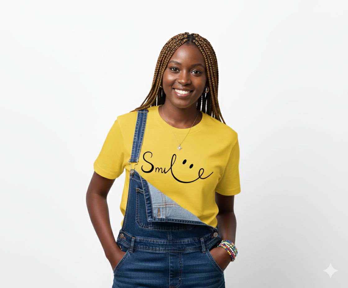 Trendy Yellow Women's T-Shirt | Round Neck Casual Top with 'Smile :)' Graphic Print