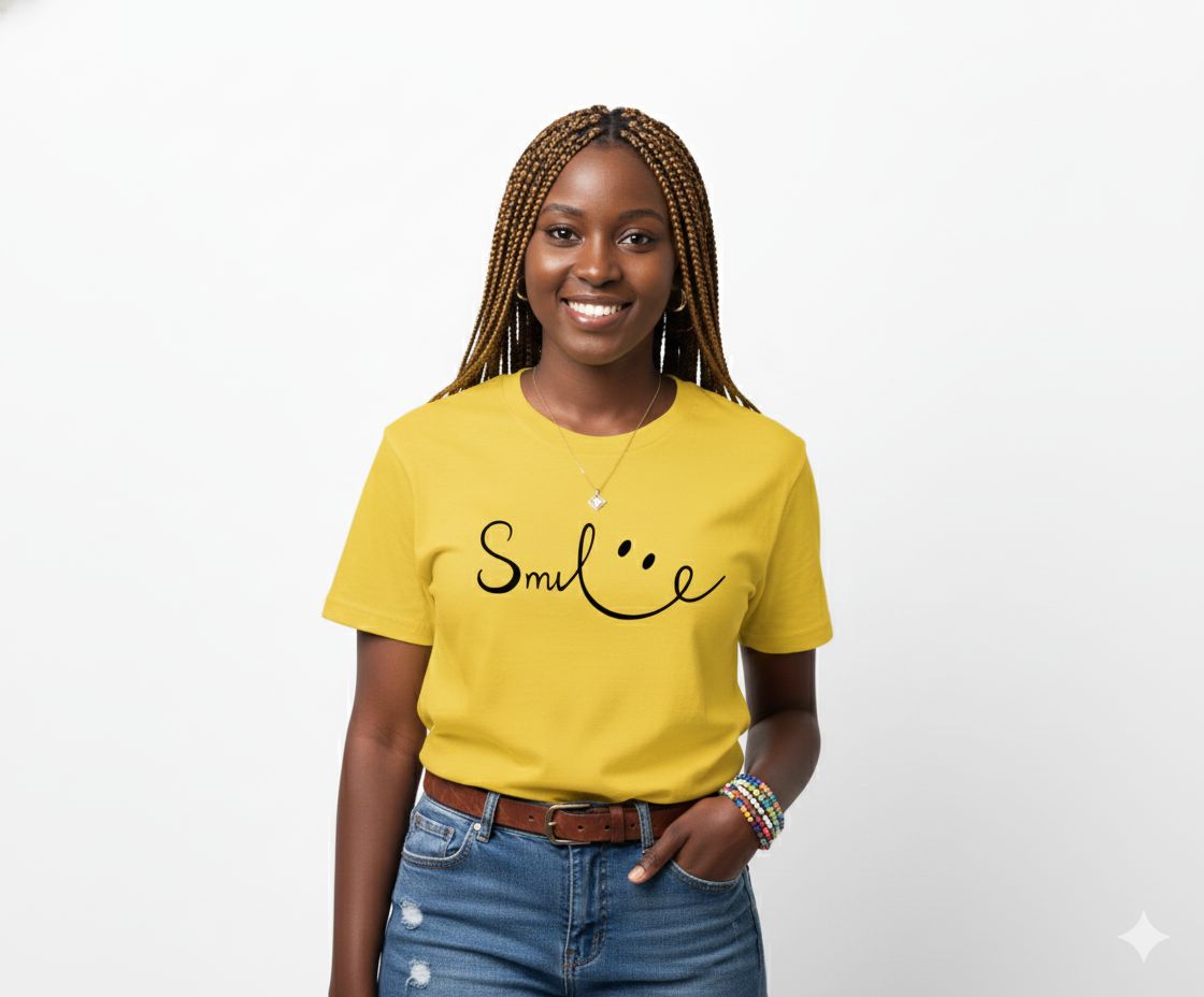 Trendy Yellow Women's T-Shirt | Round Neck Casual Top with 'Smile :)' Graphic Print
