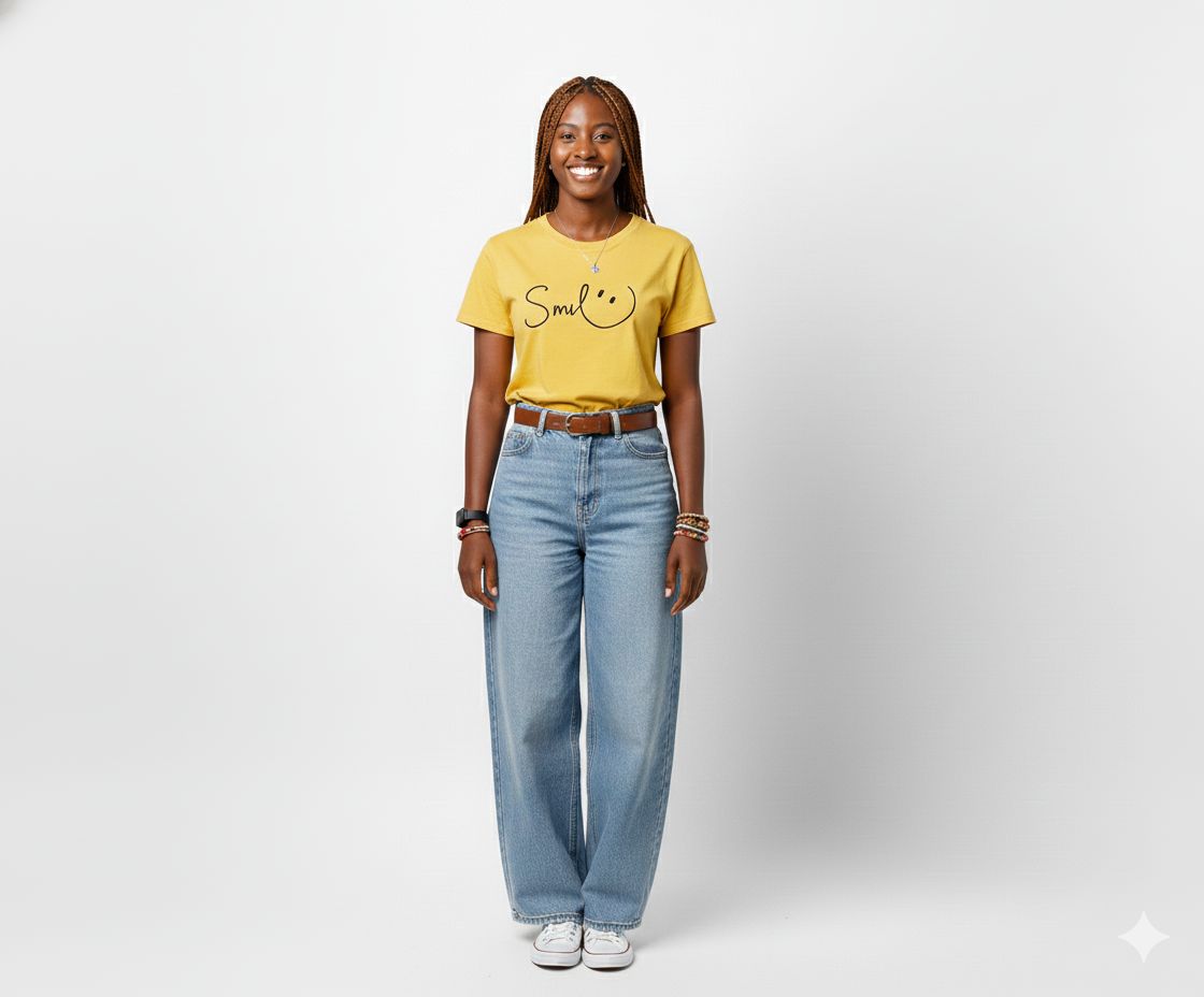 Trendy Yellow Women's T-Shirt | Round Neck Casual Top with 'Smile :)' Graphic Print