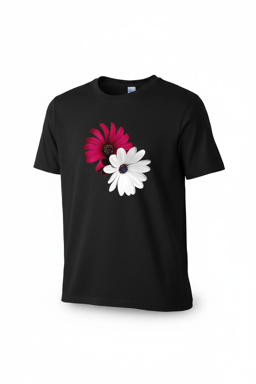 NEW Black Cotton T-Shirt Unisex with Red & White Flower Print - Casual Round Neck Top
