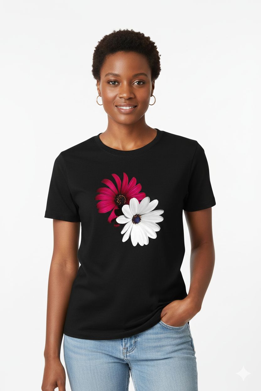 NEW Black Cotton T-Shirt Unisex with Red & White Flower Print - Casual Round Neck Top