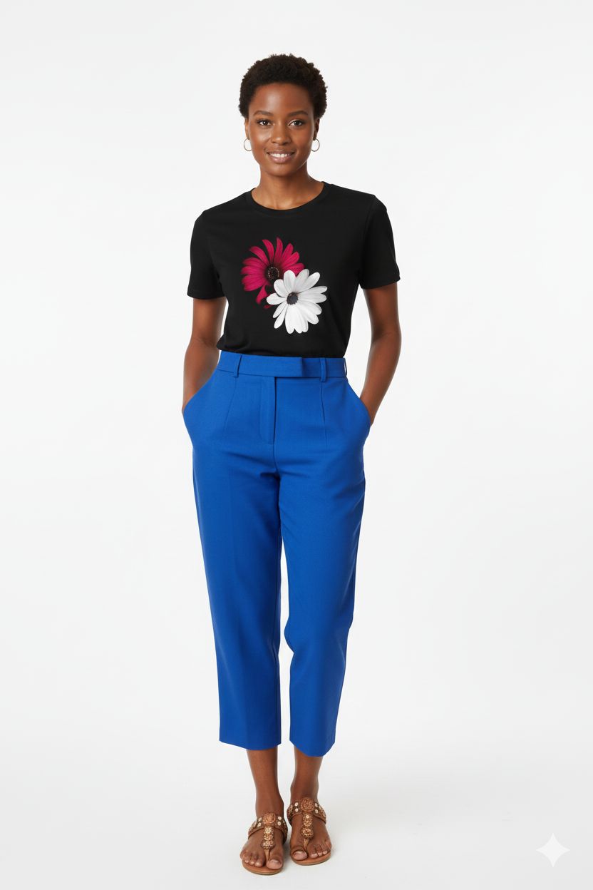 NEW Black Cotton T-Shirt Unisex with Red & White Flower Print - Casual Round Neck Top