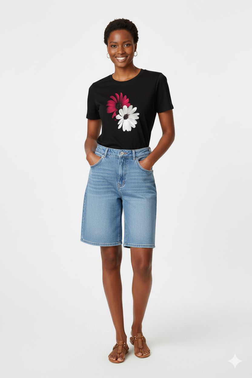 NEW Black Cotton T-Shirt Unisex with Red & White Flower Print - Casual Round Neck Top