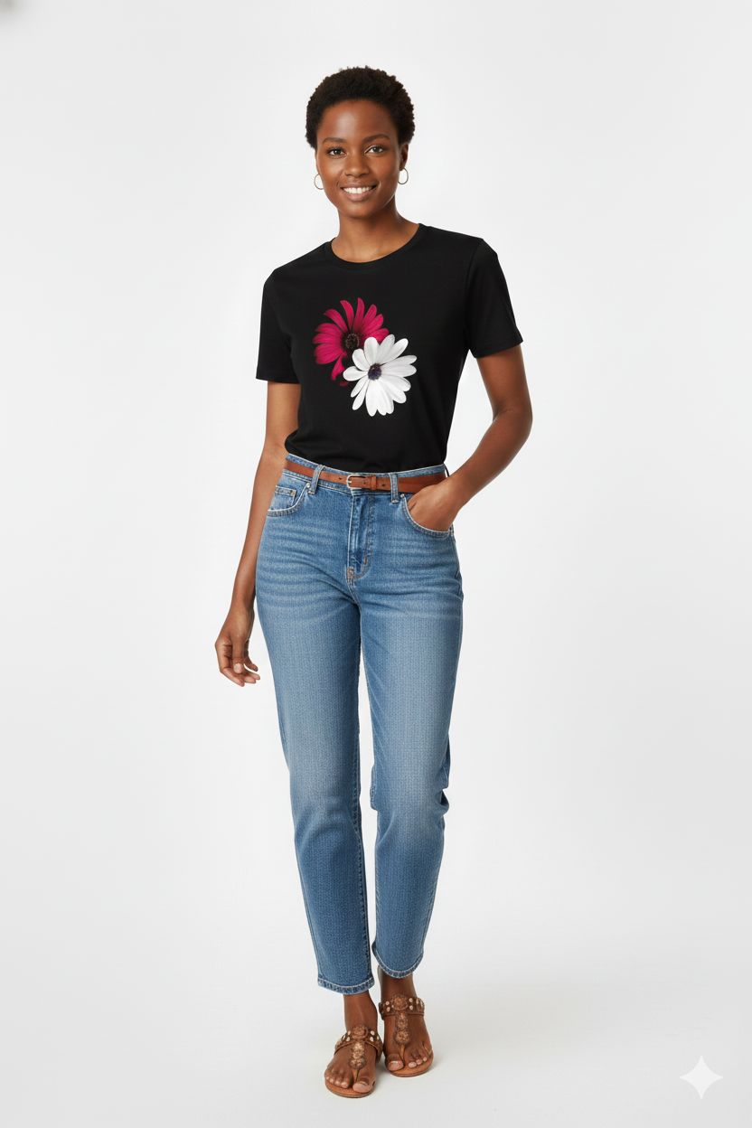 NEW Black Cotton T-Shirt Unisex with Red & White Flower Print - Casual Round Neck Top