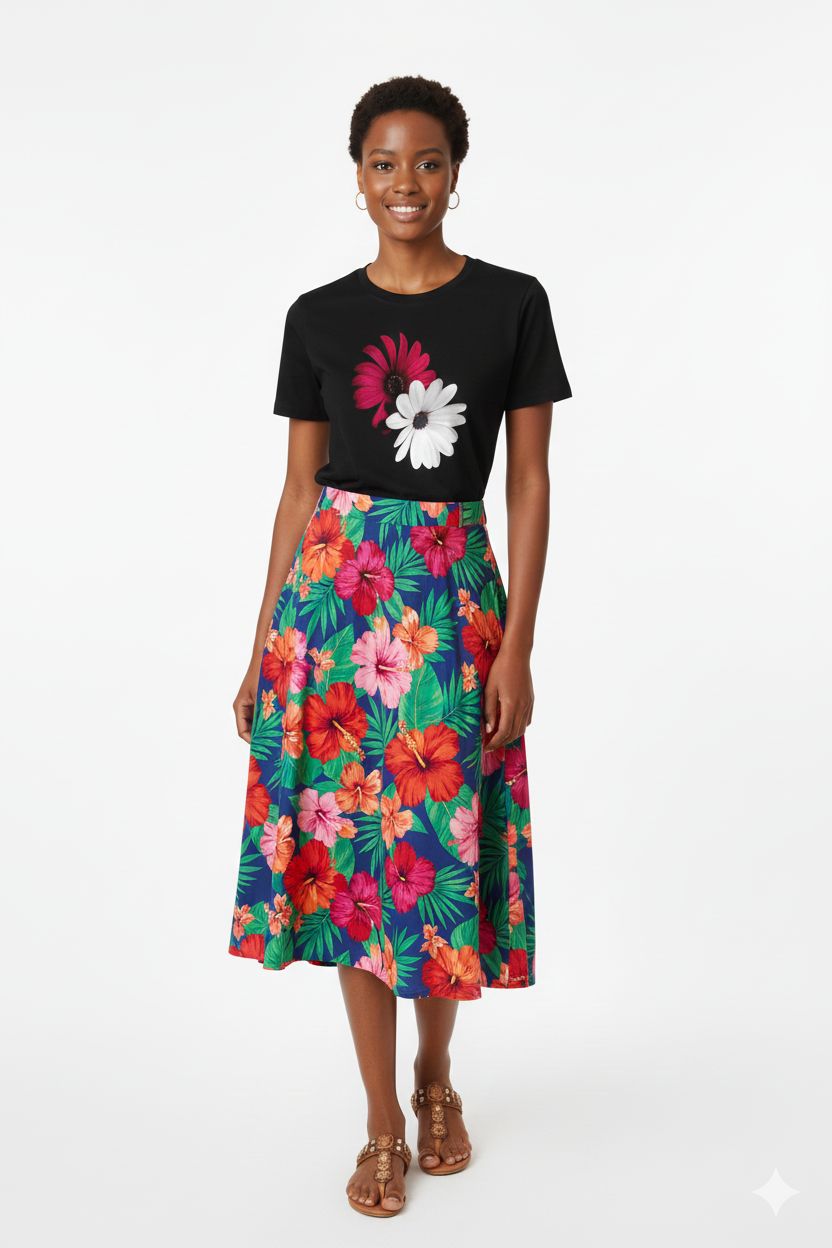 NEW Black Cotton T-Shirt Unisex with Red & White Flower Print - Casual Round Neck Top