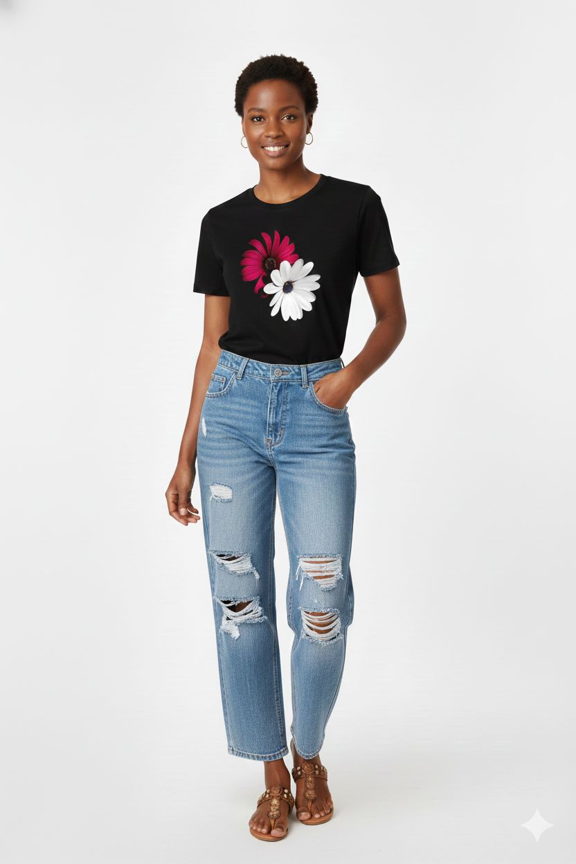 NEW Black Cotton T-Shirt Unisex with Red & White Flower Print - Casual Round Neck Top