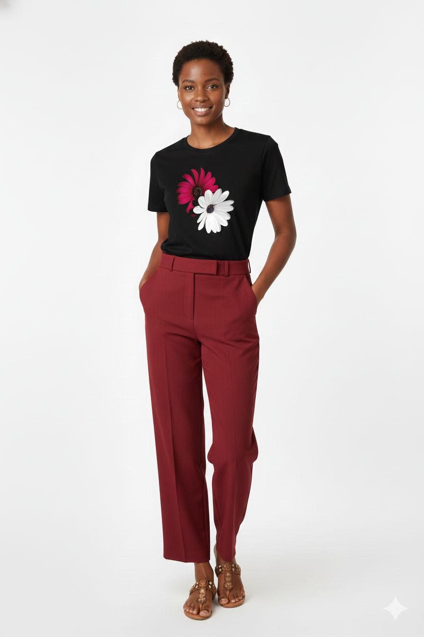 NEW Black Cotton T-Shirt Unisex with Red & White Flower Print - Casual Round Neck Top