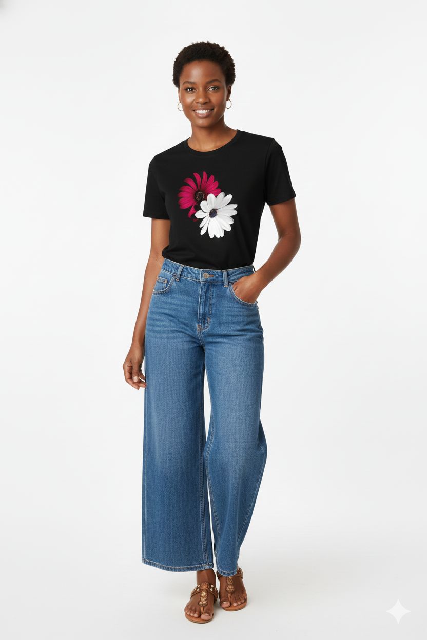 NEW Black Cotton T-Shirt Unisex with Red & White Flower Print - Casual Round Neck Top