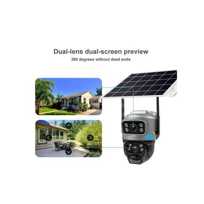 4G Dual Camera Lens Solar Powered Security Camera, 2K Wireless Outdoor Camera,360° Pan & Tilt, with Full Color Night Vision, Rechargeable Battery
