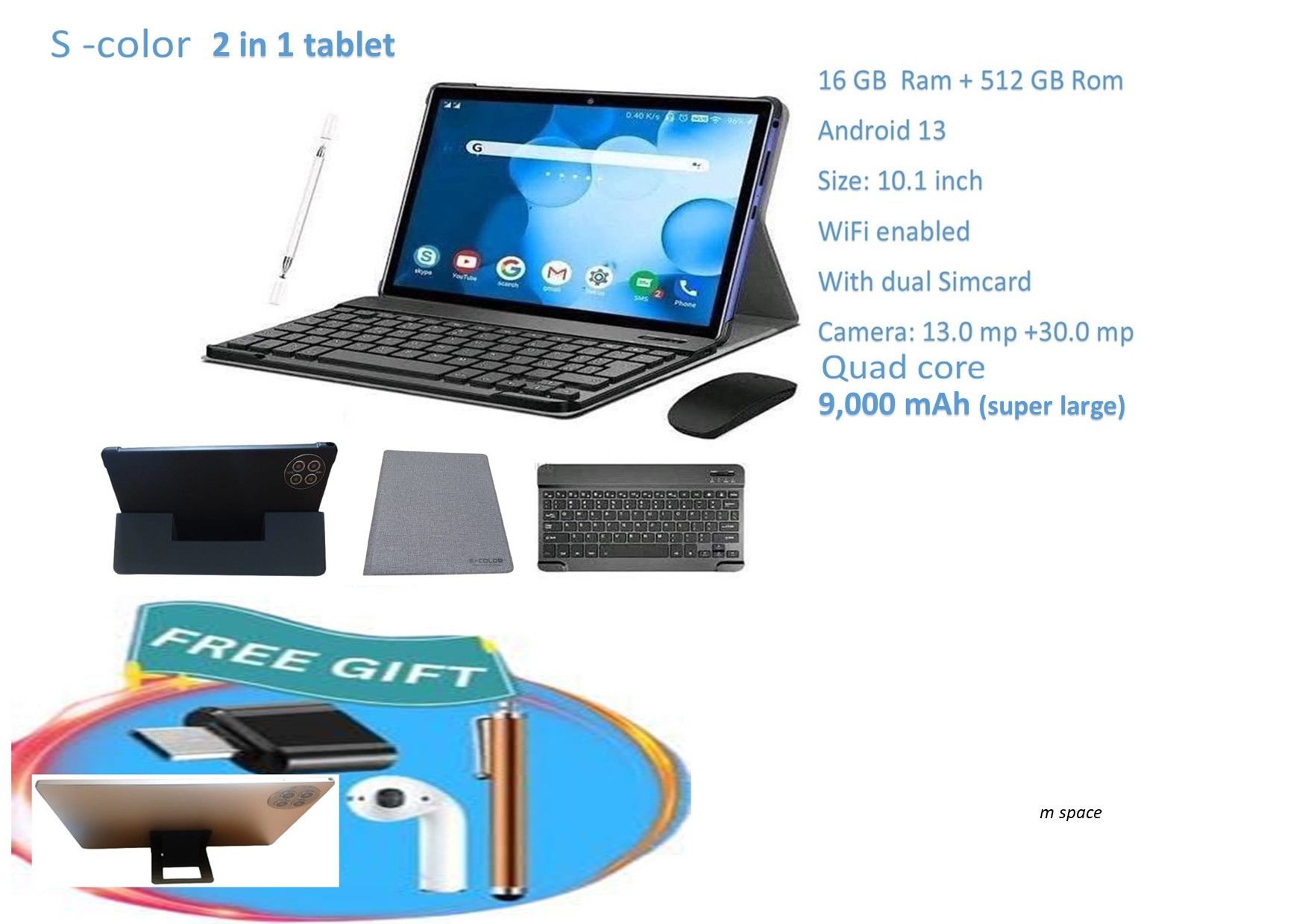 s color 2 in 1 tablet 16GB RAM + 512GB ROM 10.1inch 9000mAh 5G/DUAL-SIM/WIFI/BT 13.0MP + 30.0MP 9V/2A Wireless Keyboard With mouse: Android 13 TABLET PC