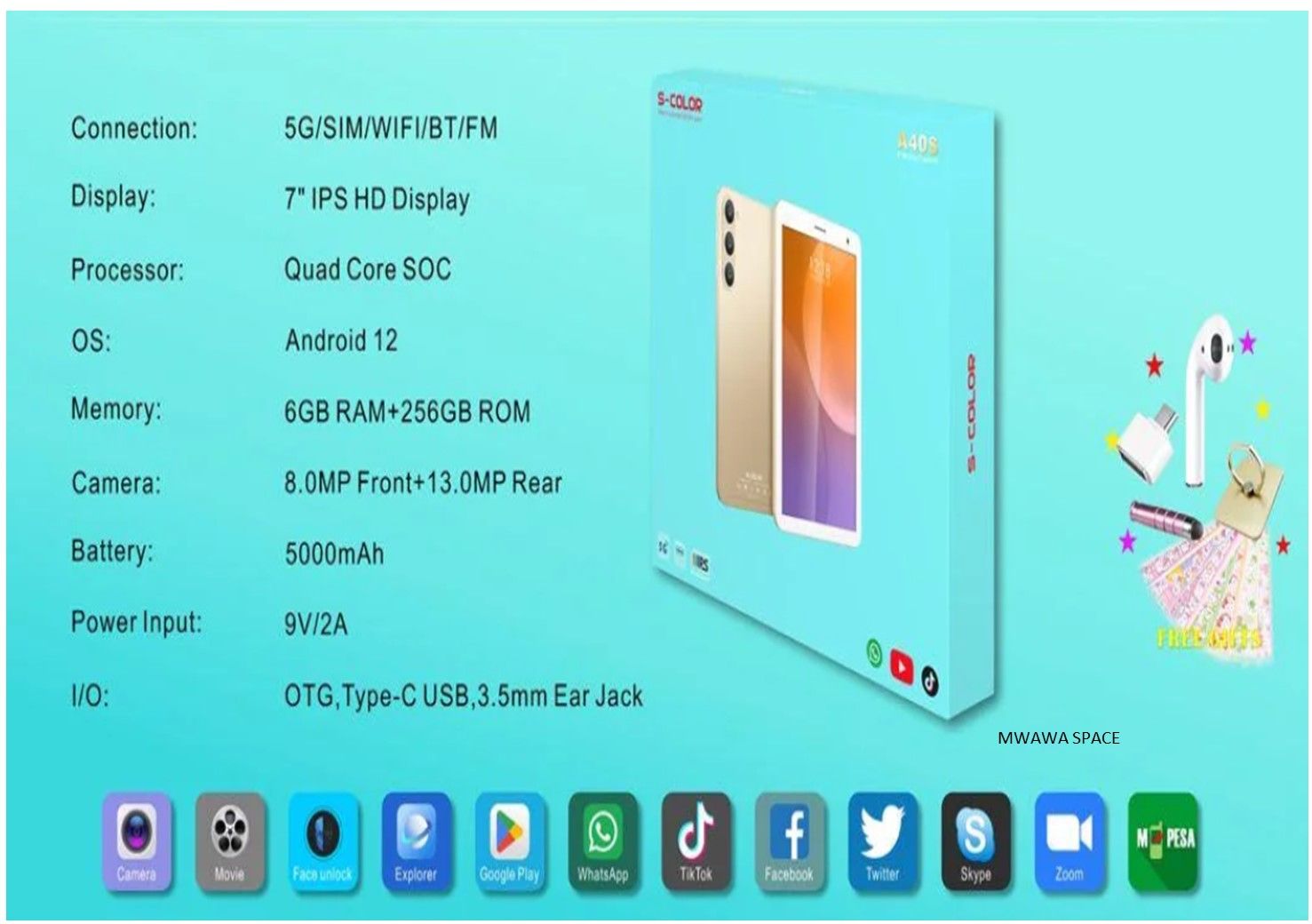 S Color A40S 5000mAh WIFI/BT/FM/5G 7 Inch HD Android 12 6GBRam + 256GB rom Tablet.