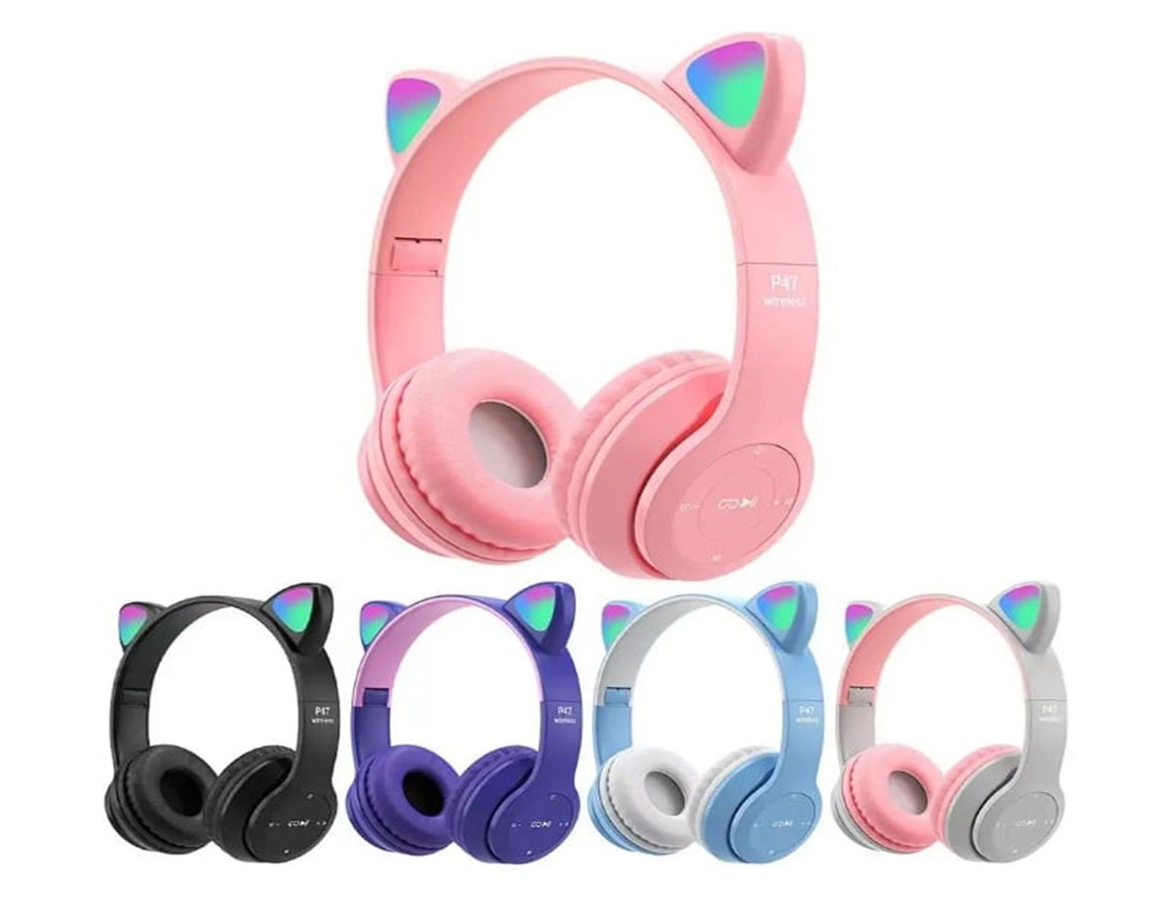 Kids Wireless Bluetooth Cat Ear Headphones with LED Lights, Foldable, TF Card Support, Soft Cushion – For Boys & Girls