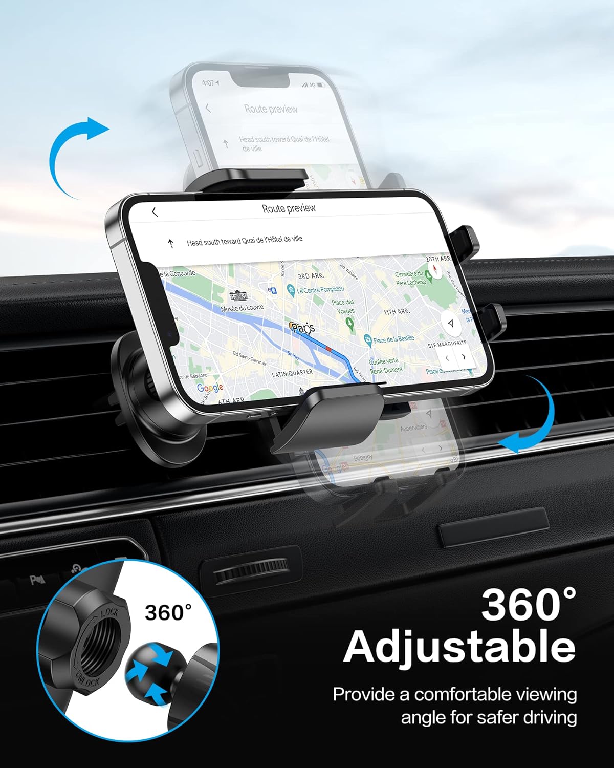 Car Phone Holder Mount for Car Air Vent [Metal Clip], Cell Phone Holder Car Hands Free Cradle in Automobile, 360° Adjustable Cellphone Vent Clamp Fit