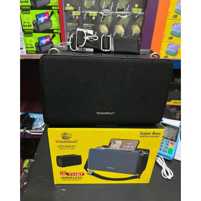 BoomBest portable wireless Bluetooth speaker designed for high-quality audio with emphasized "Super Bass". It typically includes a shoulder strap for portability