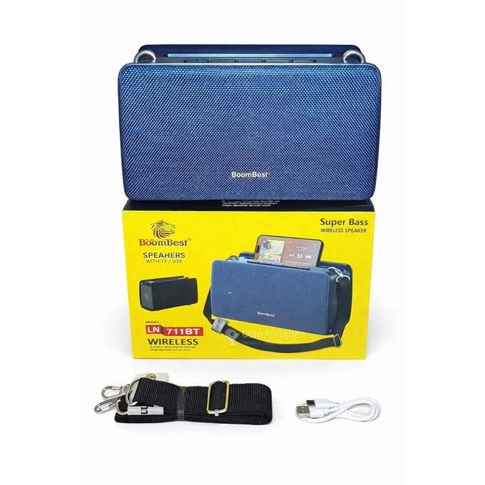 BoomBest portable wireless Bluetooth speaker designed for high-quality audio with emphasized "Super Bass". It typically includes a shoulder strap for portability