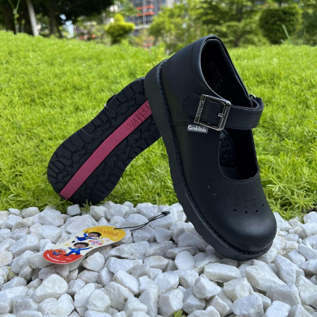 Crab Kids Leather School Shoes for girls rubber soled with buckle