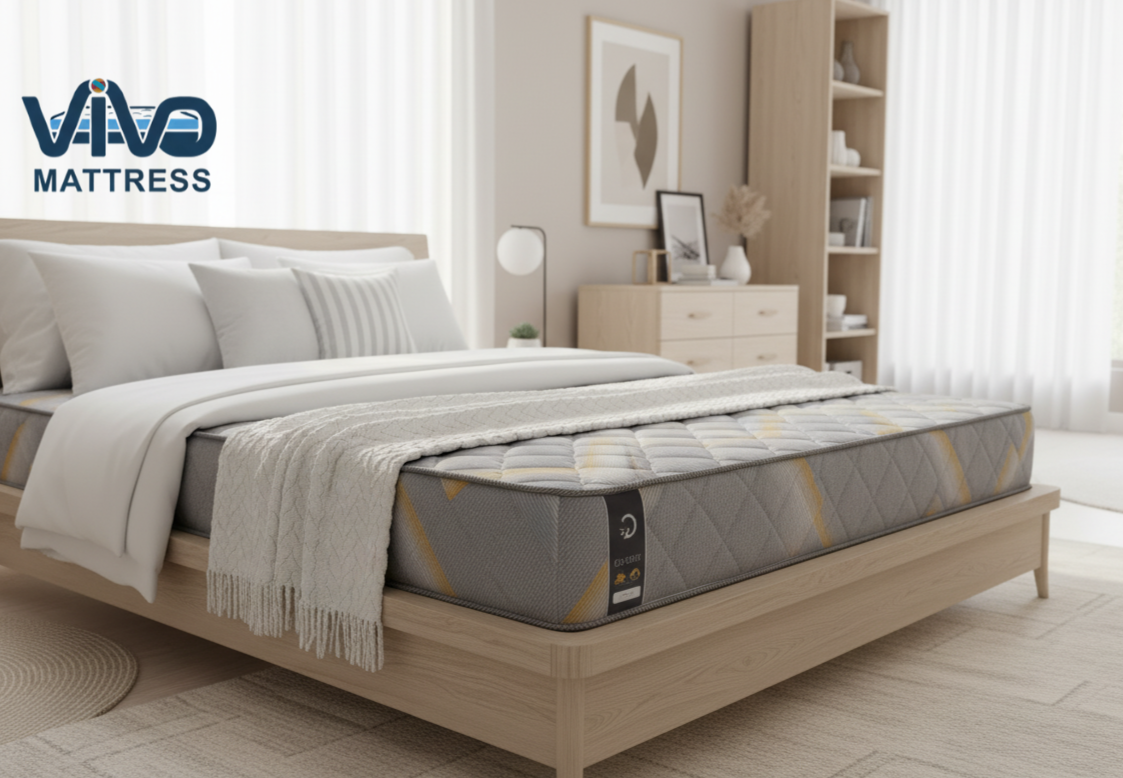 Vivo Premium Mattress – High-Density Orthopedic Support for Superior Sleep and Unmatched Comfort, Durable Grey & Yellow Chevron Design with Elegant Quilted Finish