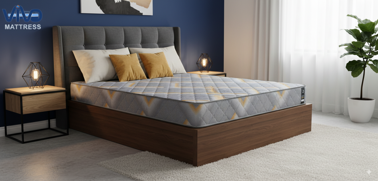 Vivo Premium Mattress – High-Density Orthopedic Support for Superior Sleep and Unmatched Comfort, Durable Grey & Yellow Chevron Design with Elegant Quilted Finish