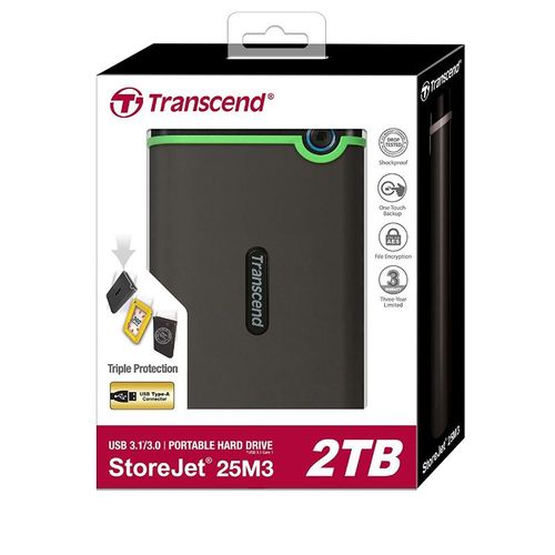 Transcend External Hard Drive  2TB  1 Year Warranty High-speed USB 3.0 Military-grade shock resistance One touch auto-backup button