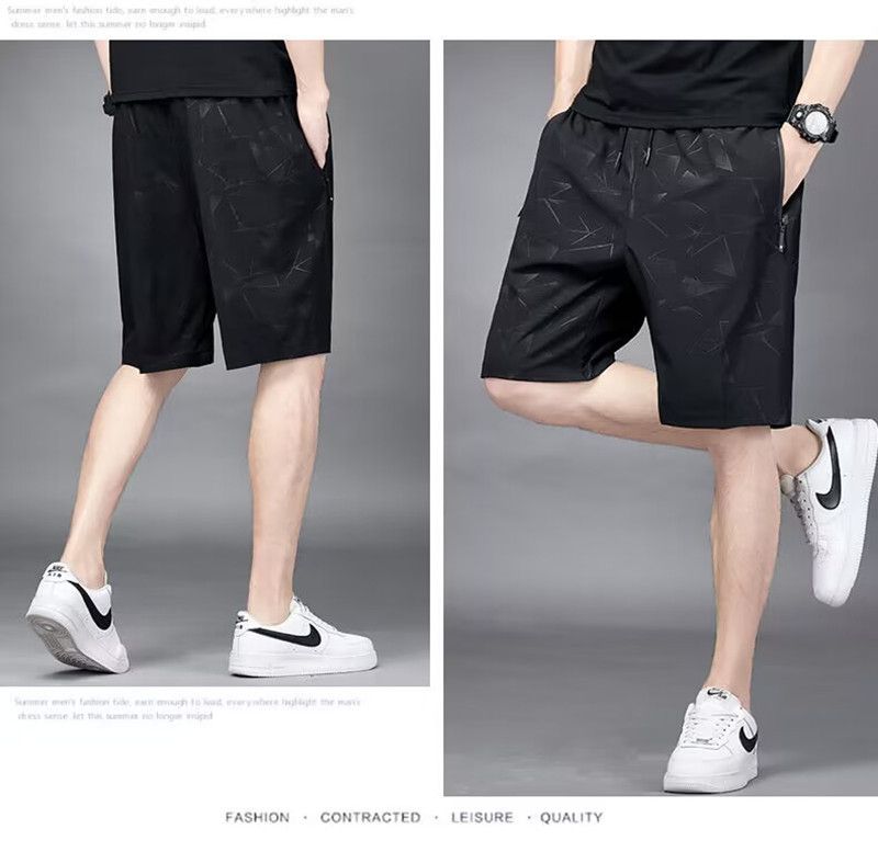 Summer hot selling ice silk casual shorts, men's loose quarter pants, elastic quick drying sports pants, printed beach pants, fashionable large shorts, casual and versatile, with drawstring design