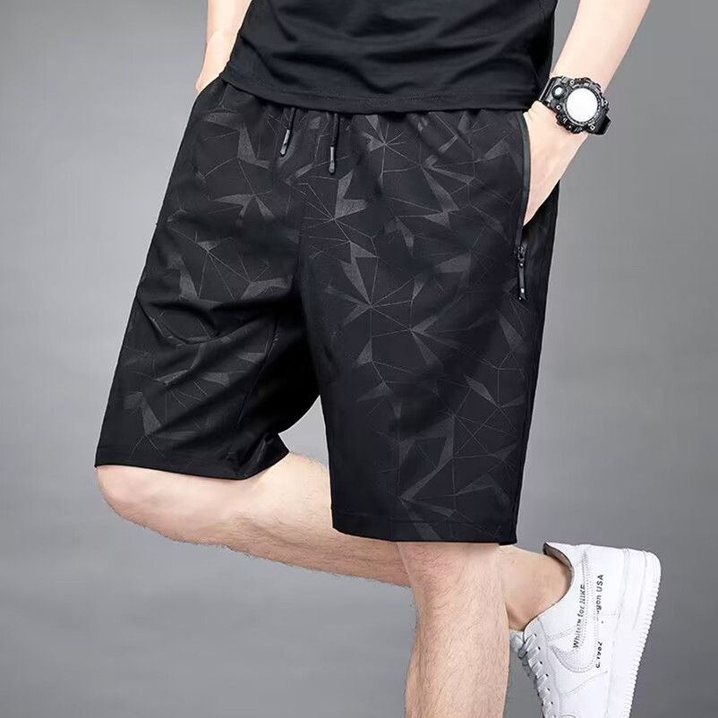 Summer hot selling ice silk casual shorts, men's loose quarter pants, elastic quick drying sports pants, printed beach pants, fashionable large shorts, casual and versatile, with drawstring design