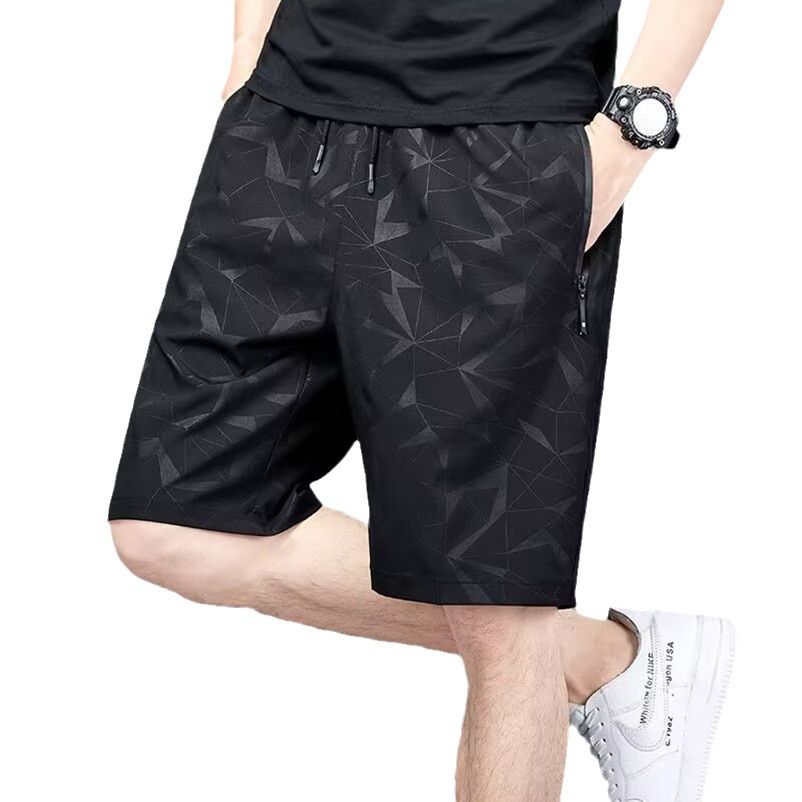 Summer hot selling ice silk casual shorts, men's loose quarter pants, elastic quick drying sports pants, printed beach pants, fashionable large shorts, casual and versatile, with drawstring design