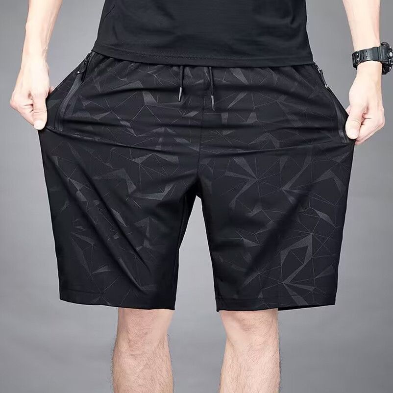 Summer hot selling ice silk casual shorts, men's loose quarter pants, elastic quick drying sports pants, printed beach pants, fashionable large shorts, casual and versatile, with drawstring design