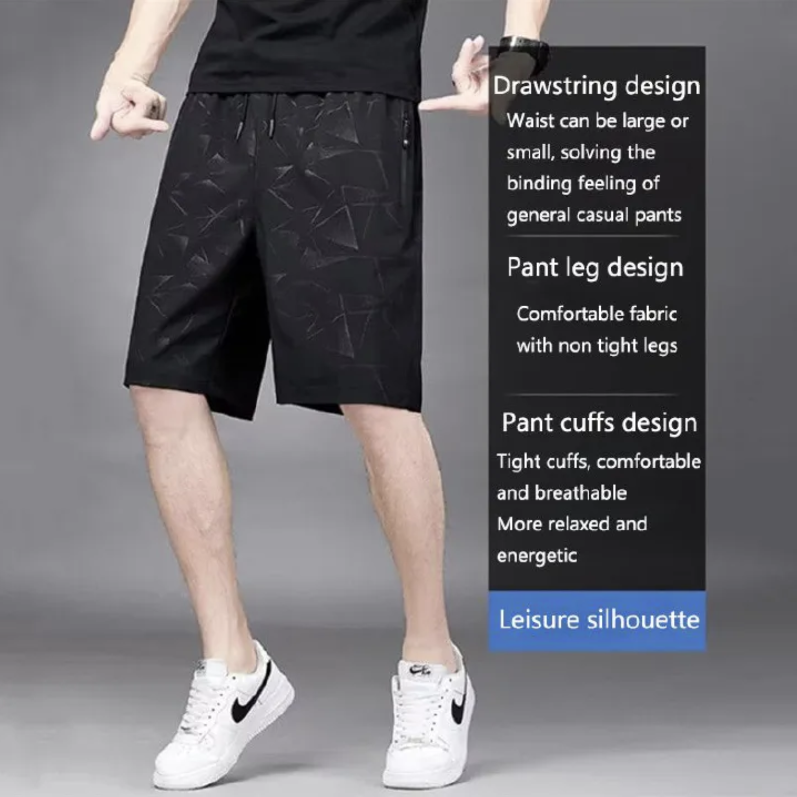 Summer hot selling ice silk casual shorts, men's loose quarter pants, elastic quick drying sports pants, printed beach pants, fashionable large shorts, casual and versatile, with drawstring design