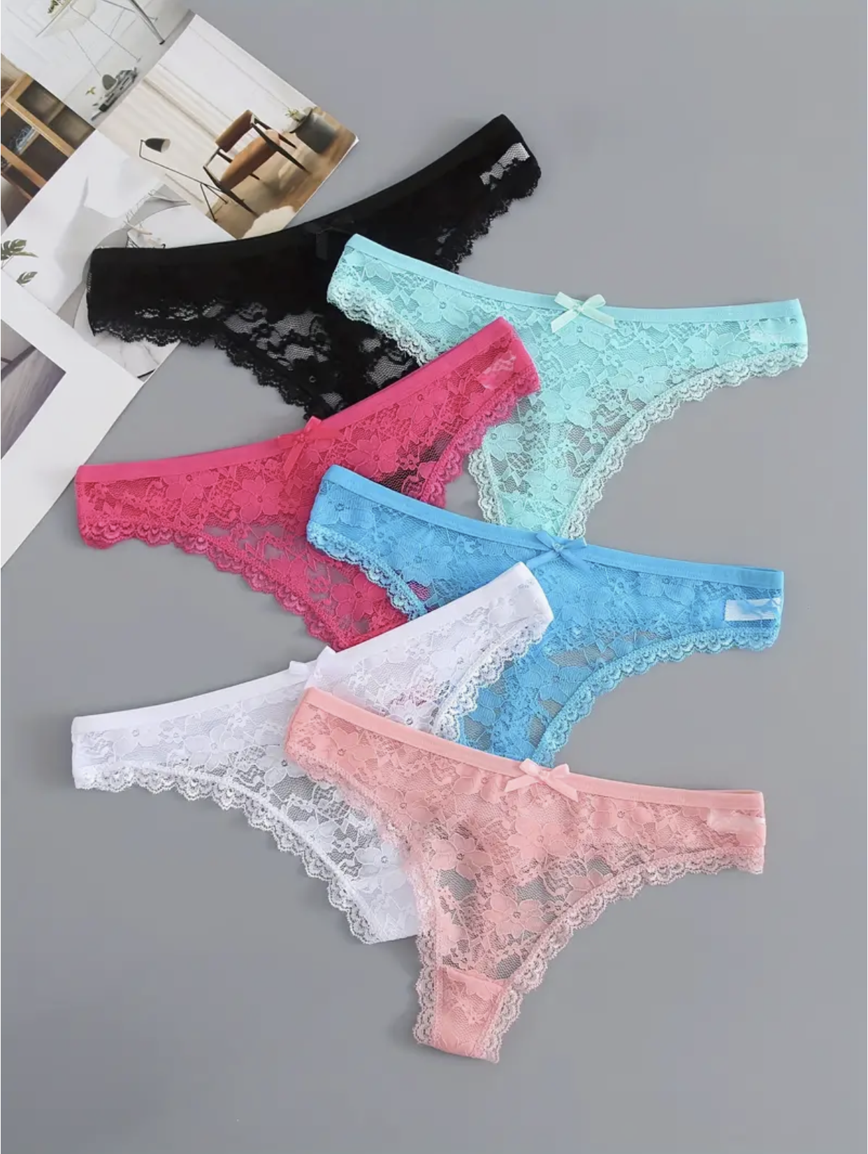 6Pcs Women's Lace Thong Panties Assorted,L