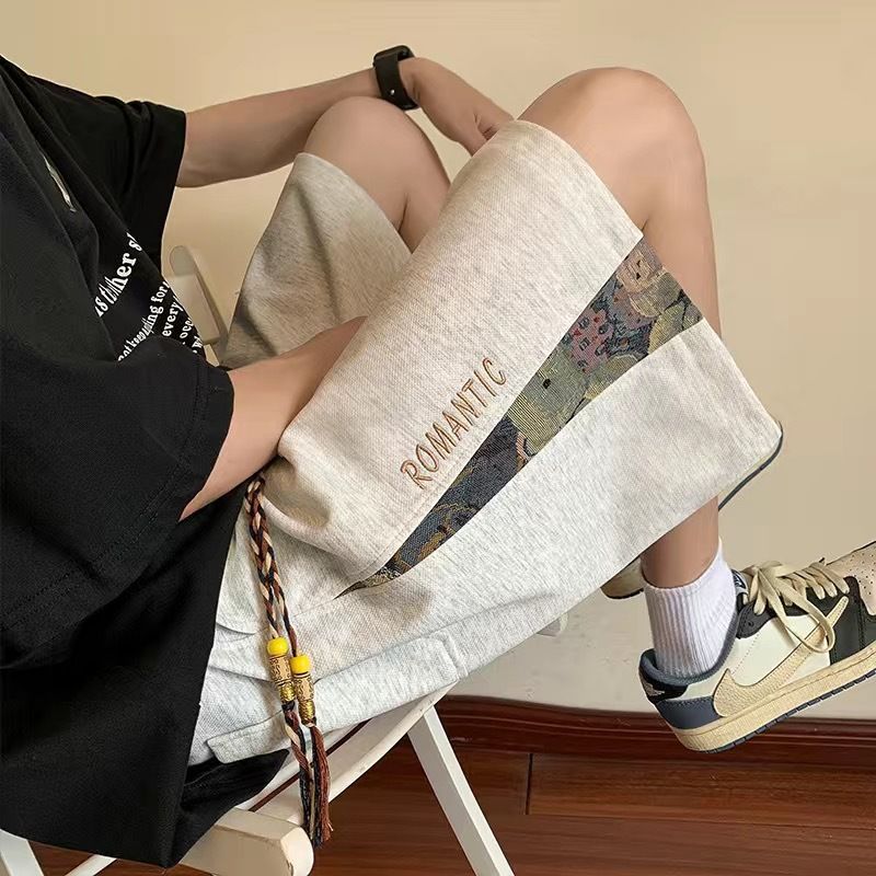 Men's Summer Trendy Embroidered Splicing Loose Large Casual Middle Pants Sports Shorts