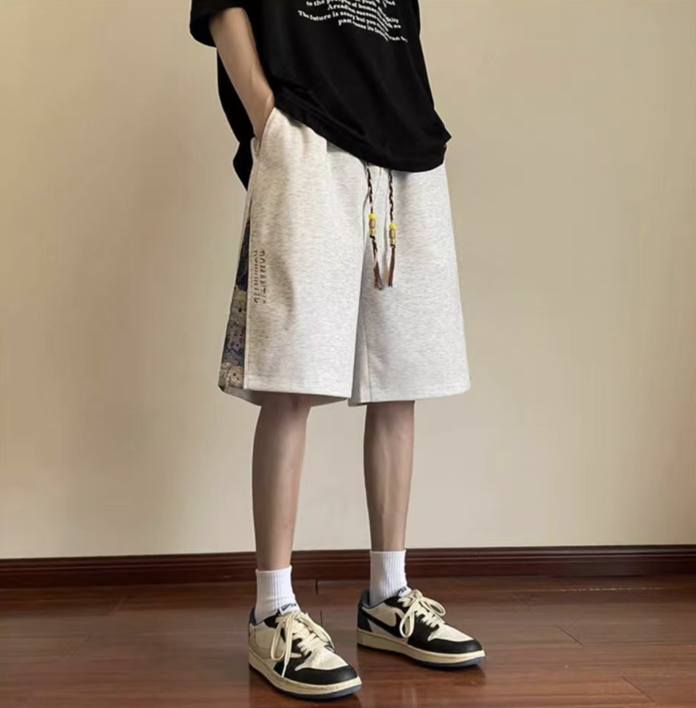 Men's Summer Trendy Embroidered Splicing Loose Large Casual Middle Pants Sports Shorts