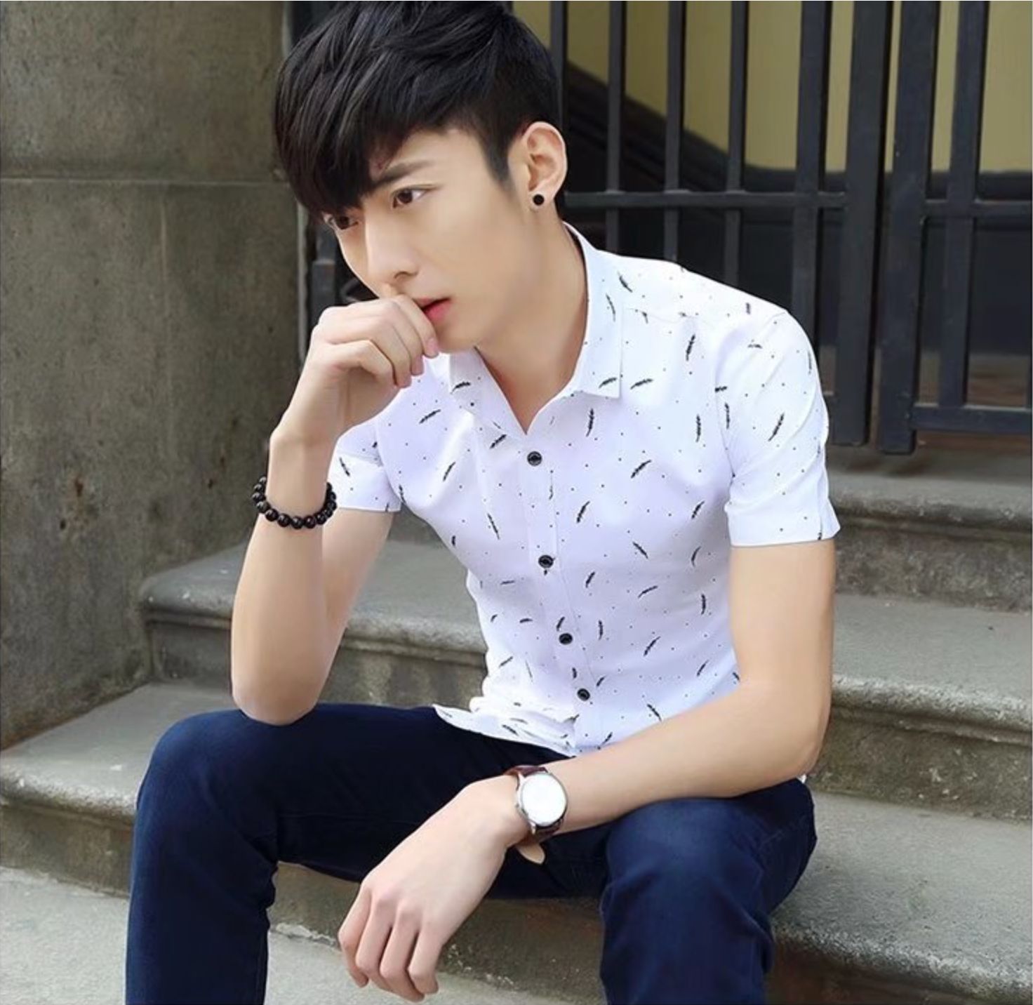 Men's summer shirt square neck short sleeved shirt cotton breathable shirt casual printed feather simple trendy men's clothing