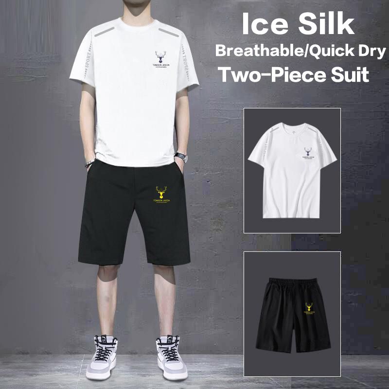 2 Piece(T-shirt+Short) Men's Shirt and Shorts Set Outfits Fashion Summer Tracksuits Casual Sportwear Set Men's  Breathable Ice Silk Quick Dry T-shirts