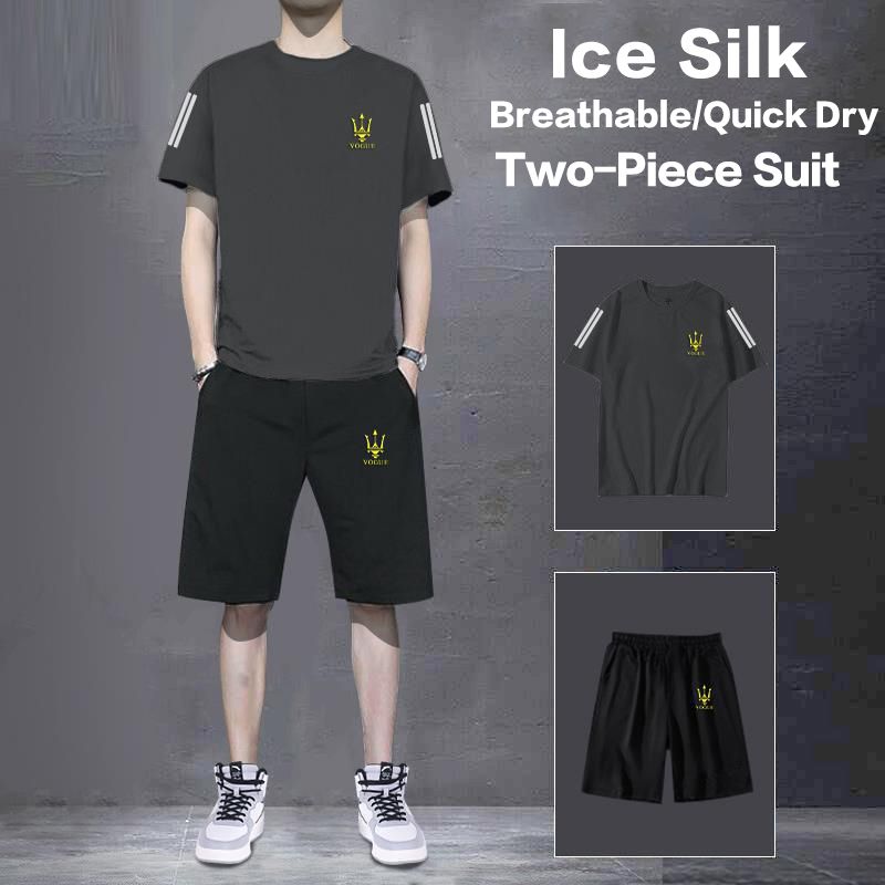 2 Piece(T-shirt+Short) Men's Shirt and Shorts Set Outfits Fashion Summer Tracksuits Casual Sportwear Set Men's  Breathable Ice Silk Quick Dry T-shirts