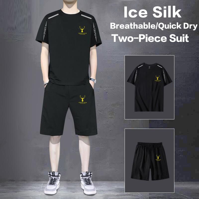 2 Piece(T-shirt+Short) Men's Shirt and Shorts Set Outfits Fashion Summer Tracksuits Casual Sportwear Set Men's  Breathable Ice Silk Quick Dry T-shirts