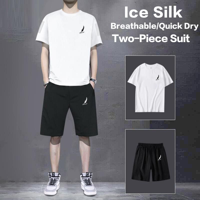 2 Piece(T-shirt+Short) Men's Shirt and Shorts Set Outfits Fashion Summer Tracksuits Casual Sportwear Set Men's  Breathable Ice Silk Quick Dry T-shirts