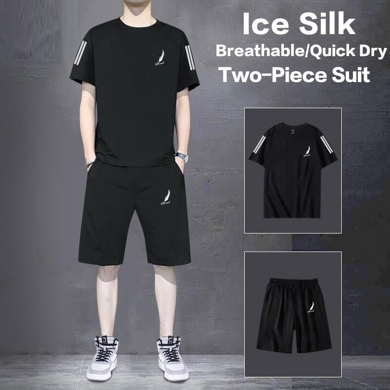 2 Piece(T-shirt+Short) Men's Shirt and Shorts Set Outfits Fashion Summer Tracksuits Casual Sportwear Set Men's  Breathable Ice Silk Quick Dry T-shirts