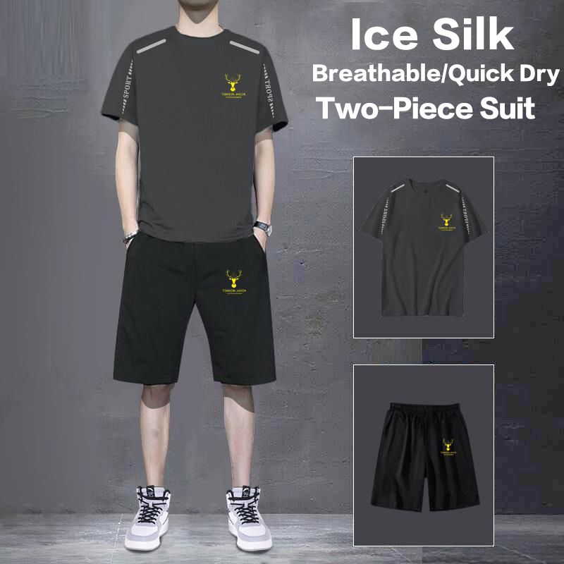 2 Piece(T-shirt+Short) Men's Shirt and Shorts Set Outfits Fashion Summer Tracksuits Casual Sportwear Set Men's  Breathable Ice Silk Quick Dry T-shirts