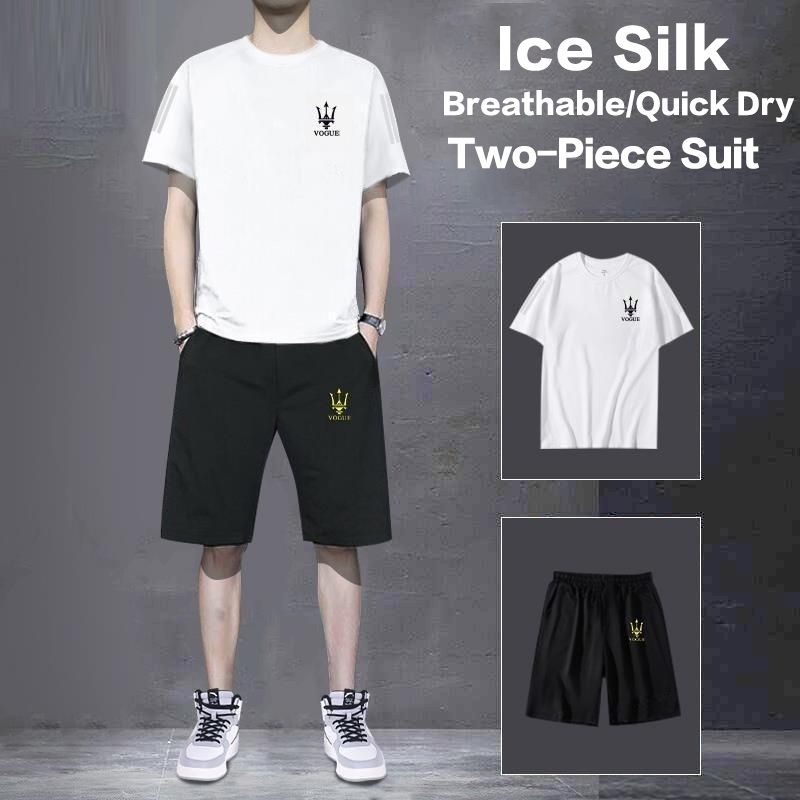 2 Piece(T-shirt+Short) Men's Shirt and Shorts Set Outfits Fashion Summer Tracksuits Casual Sportwear Set Men's  Breathable Ice Silk Quick Dry T-shirts