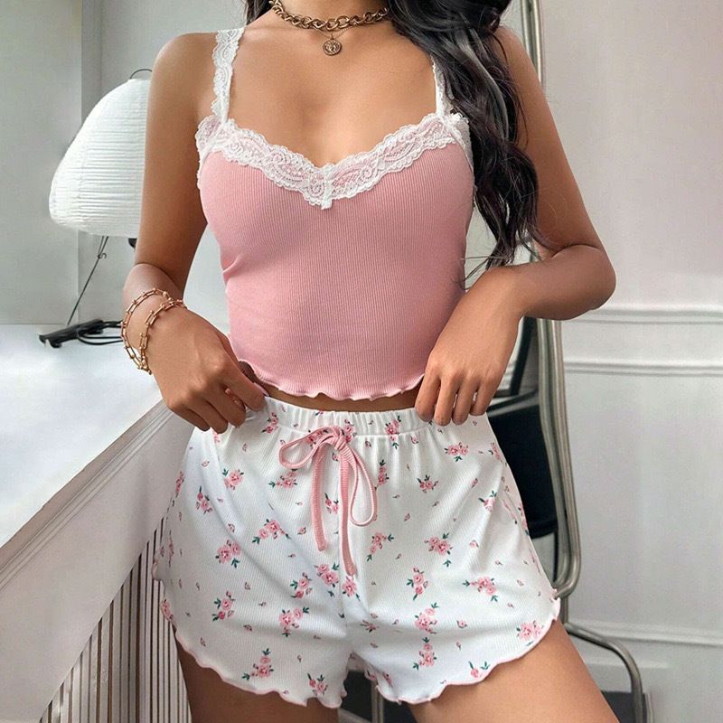 2Pcs/Set Women's  Pajama Set Tank Top And Shorts Set Elastic Comfortable Skincare Fabric Multiple Colors Women's  Pajama Set