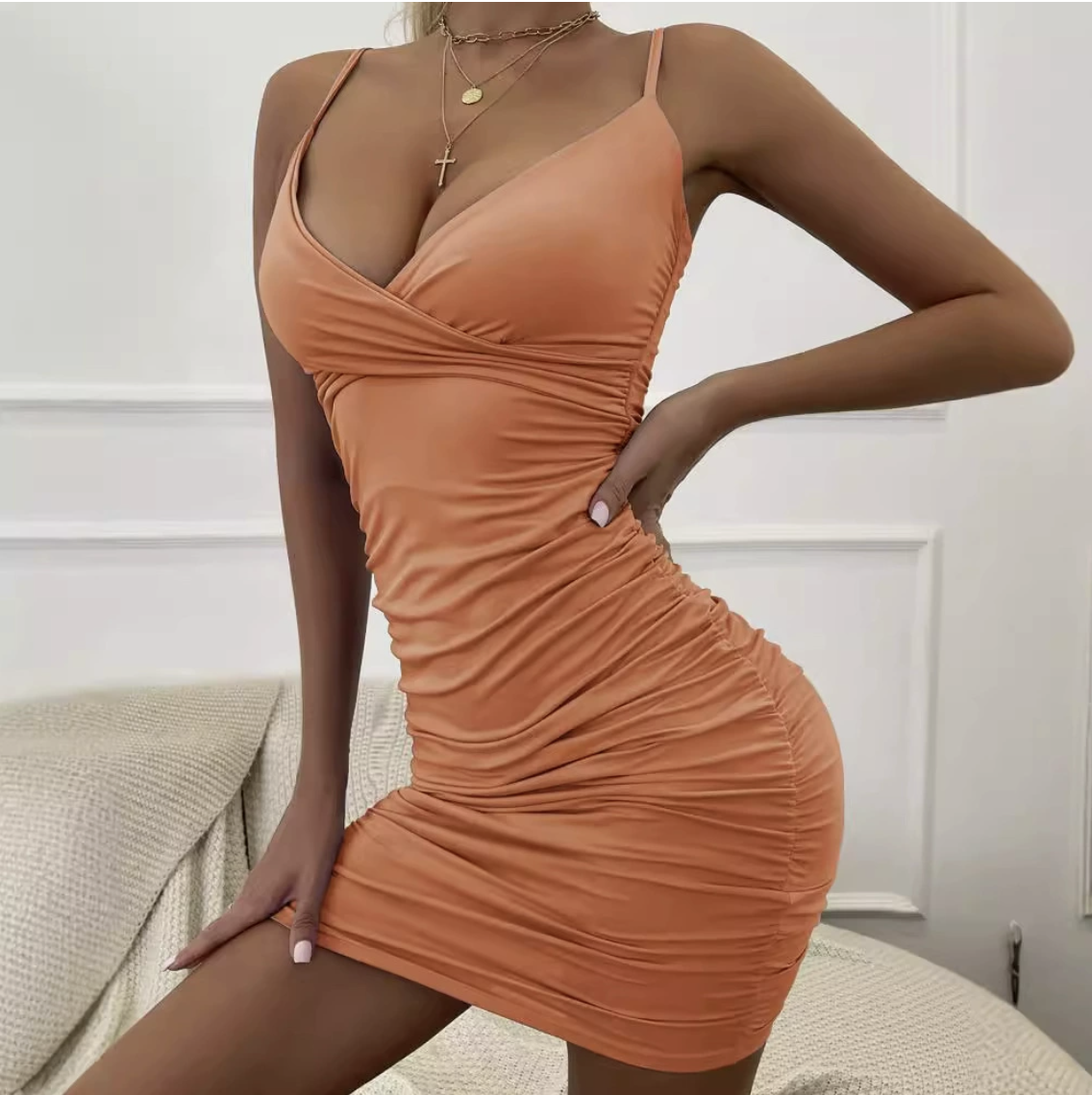 Women's Sleeveless Ruched Bodycon Dresses Spaghetti Strap Mini Club Party  Ladies Dresses