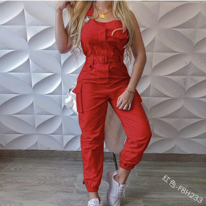 Fashionable & Hot New Women's Tube Top Single-Breasted Waist-Cinching Utility Jumpsuit with Multi-Pocket Design, Tapered Leg Women Pants,  With Adjustable Straps Design